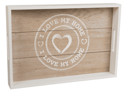 White/nature coloured wooden tray, I love my home,