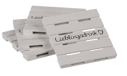 White wooden coaster, Lieblingsdrink,