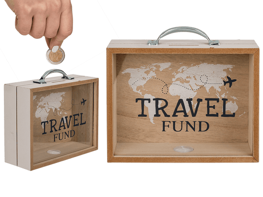 Wooden savings box, Travel Fund,