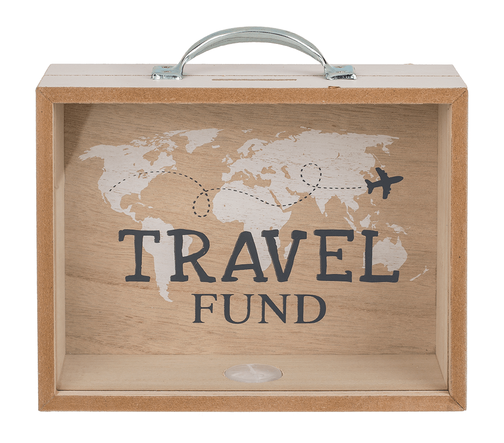 Wooden savings box, Travel Fund,