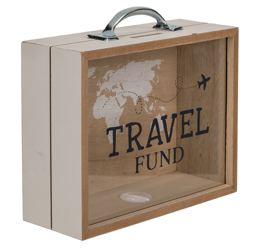 Wooden savings box, Travel Fund,