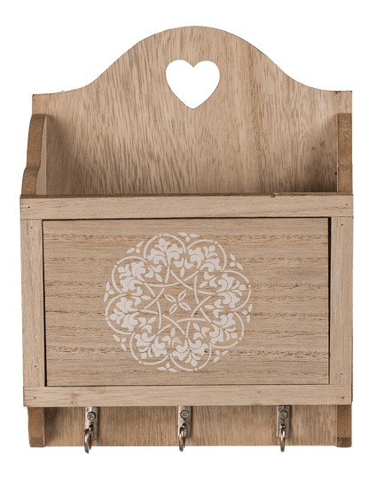 Natural coloured wooden key box with 3 hooks &,