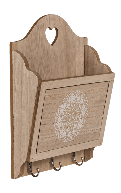 Natural coloured wooden key box with 3 hooks &,