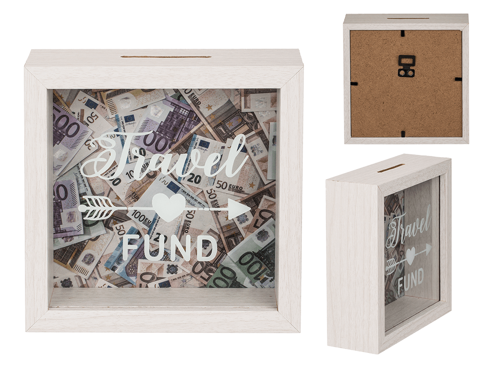 White wooden savings box, Travel Fund,