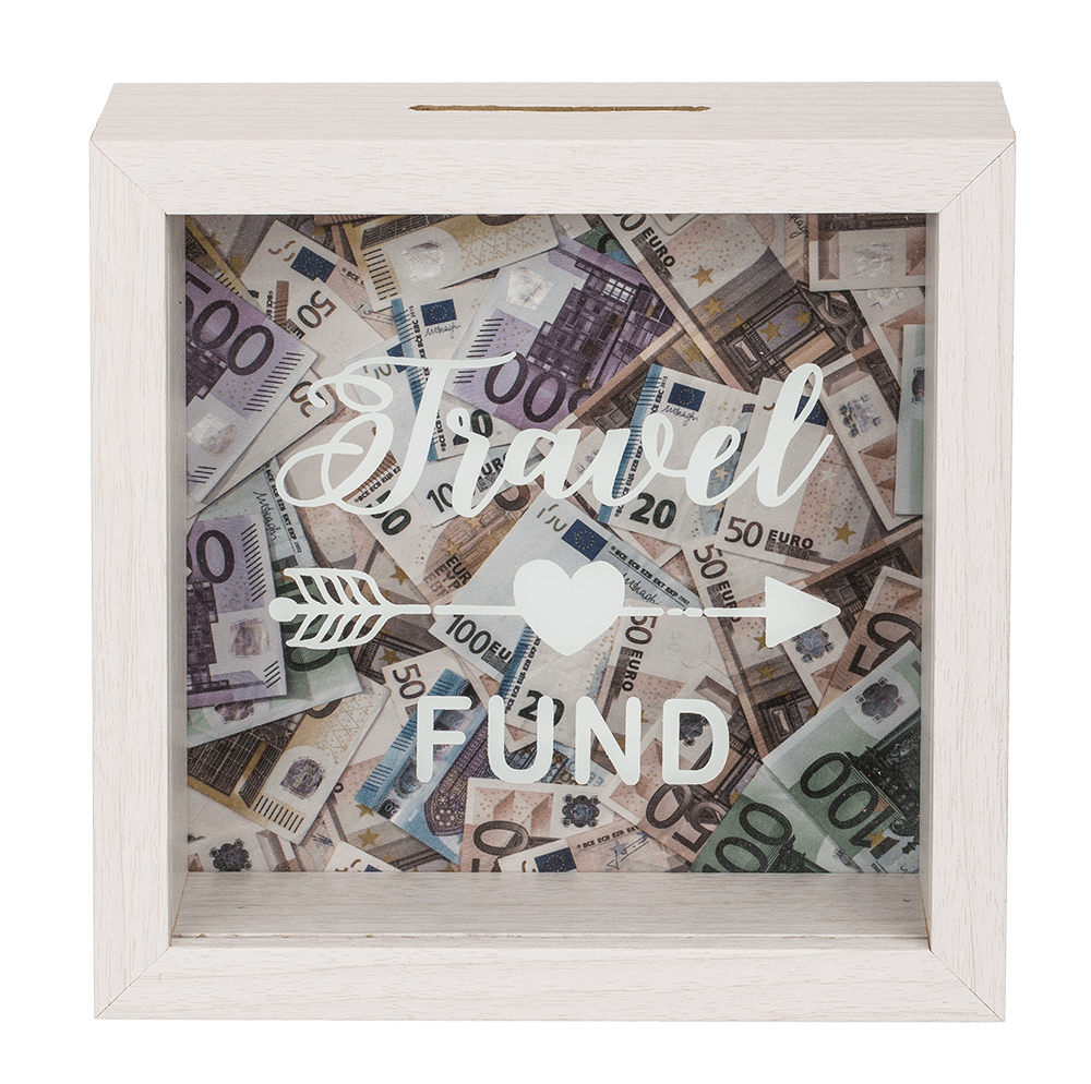 White wooden savings box, Travel Fund,