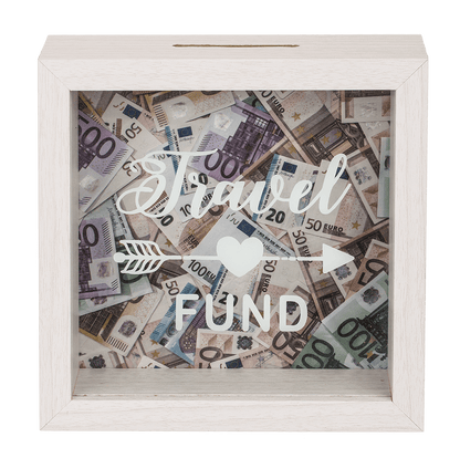 White wooden savings box, Travel Fund,