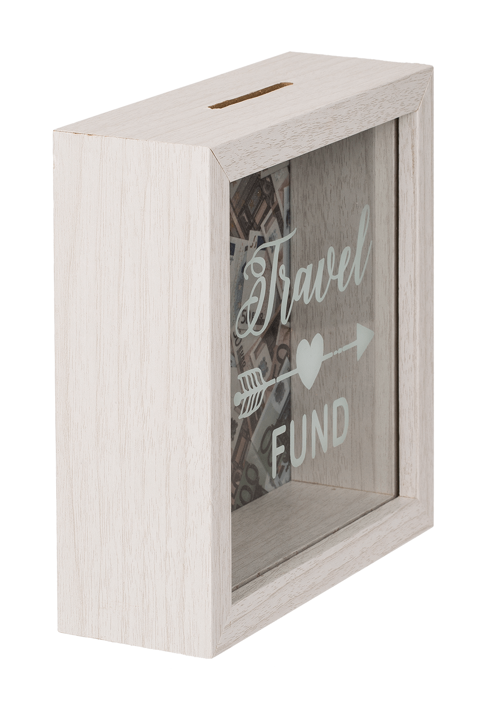 White wooden savings box, Travel Fund,