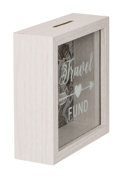 White wooden savings box, Travel Fund,