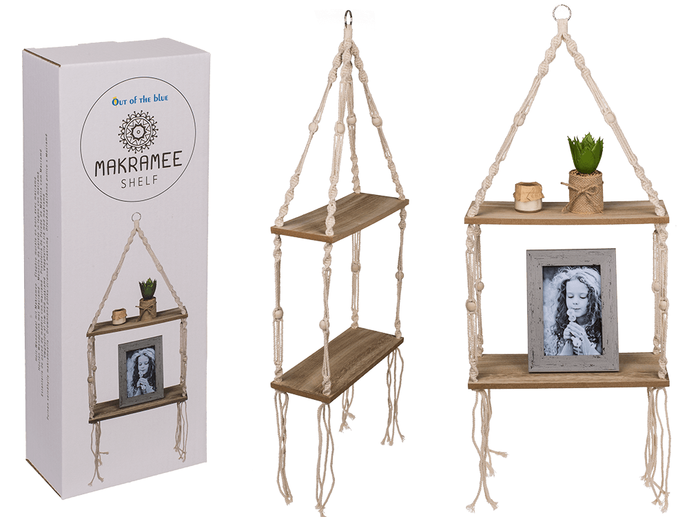 Wooden wall shelf with macrame,