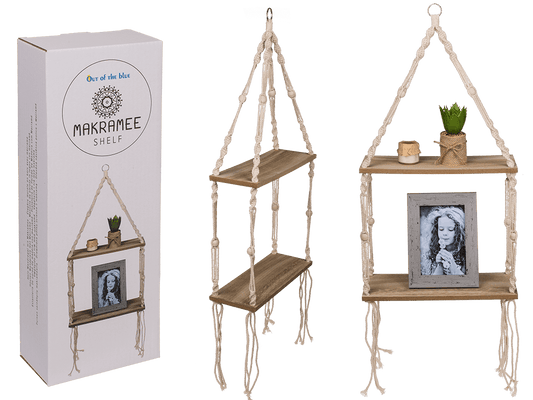 Wooden wall shelf with macrame,
