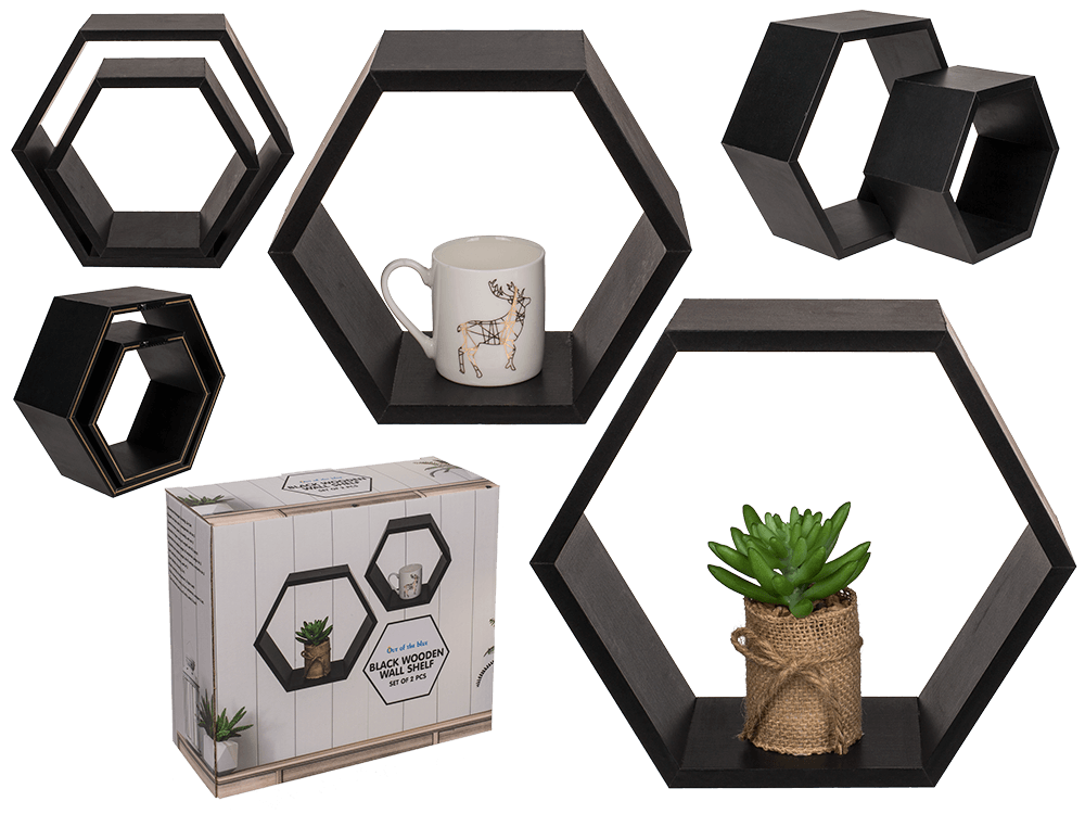 Black colored wooden wall shelf, 6 squares,