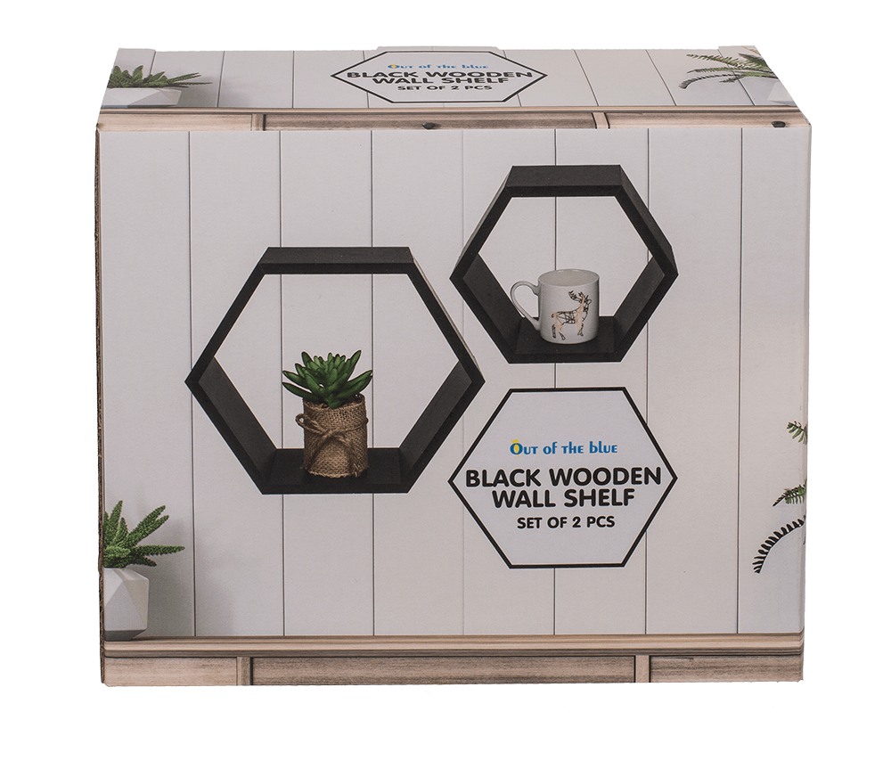 Black colored wooden wall shelf, 6 squares,