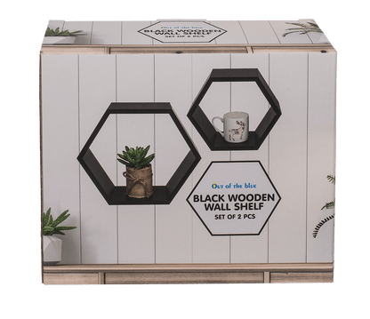 Black colored wooden wall shelf, 6 squares,