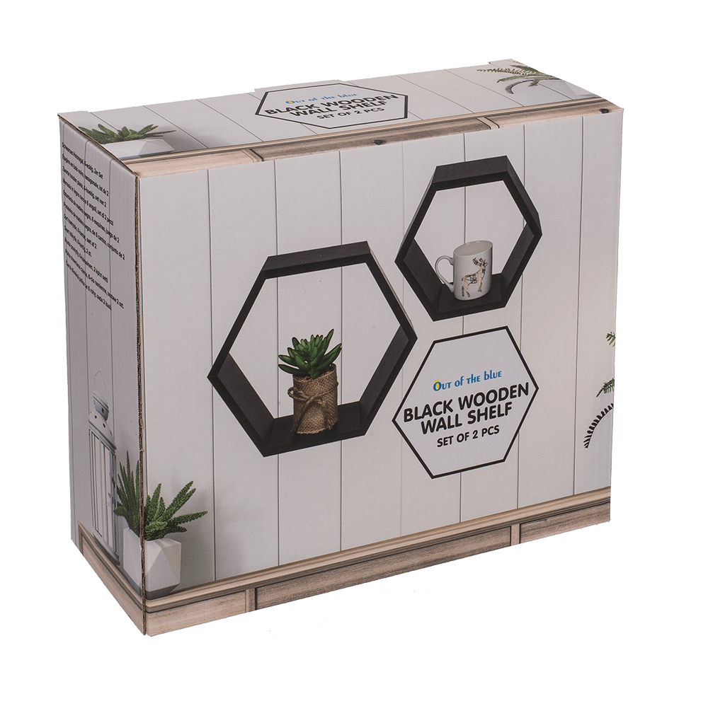 Black colored wooden wall shelf, 6 squares,