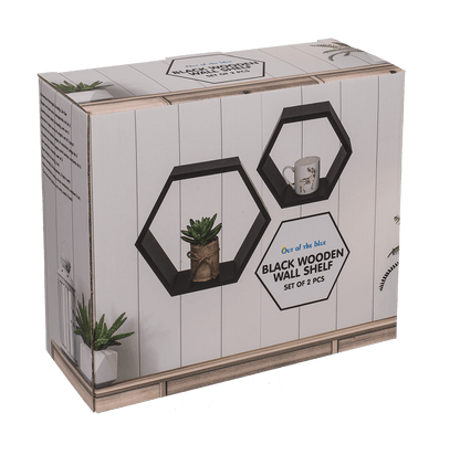 Black colored wooden wall shelf, 6 squares,