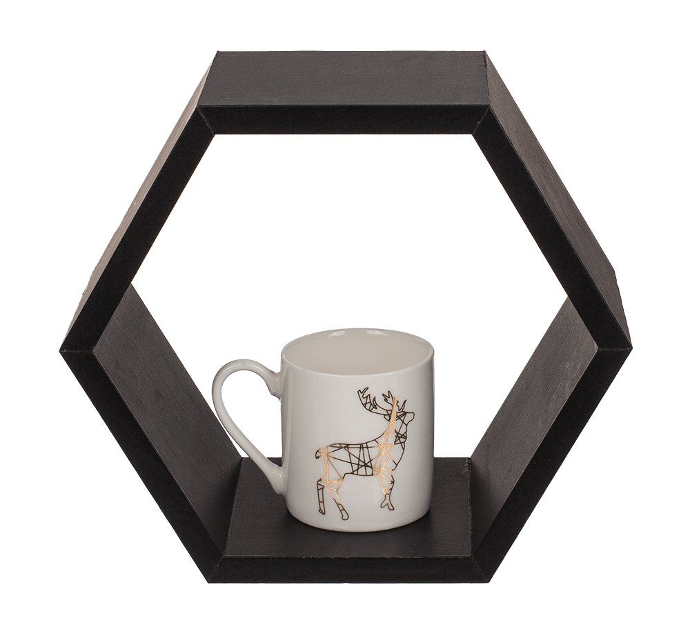 Black colored wooden wall shelf, 6 squares,