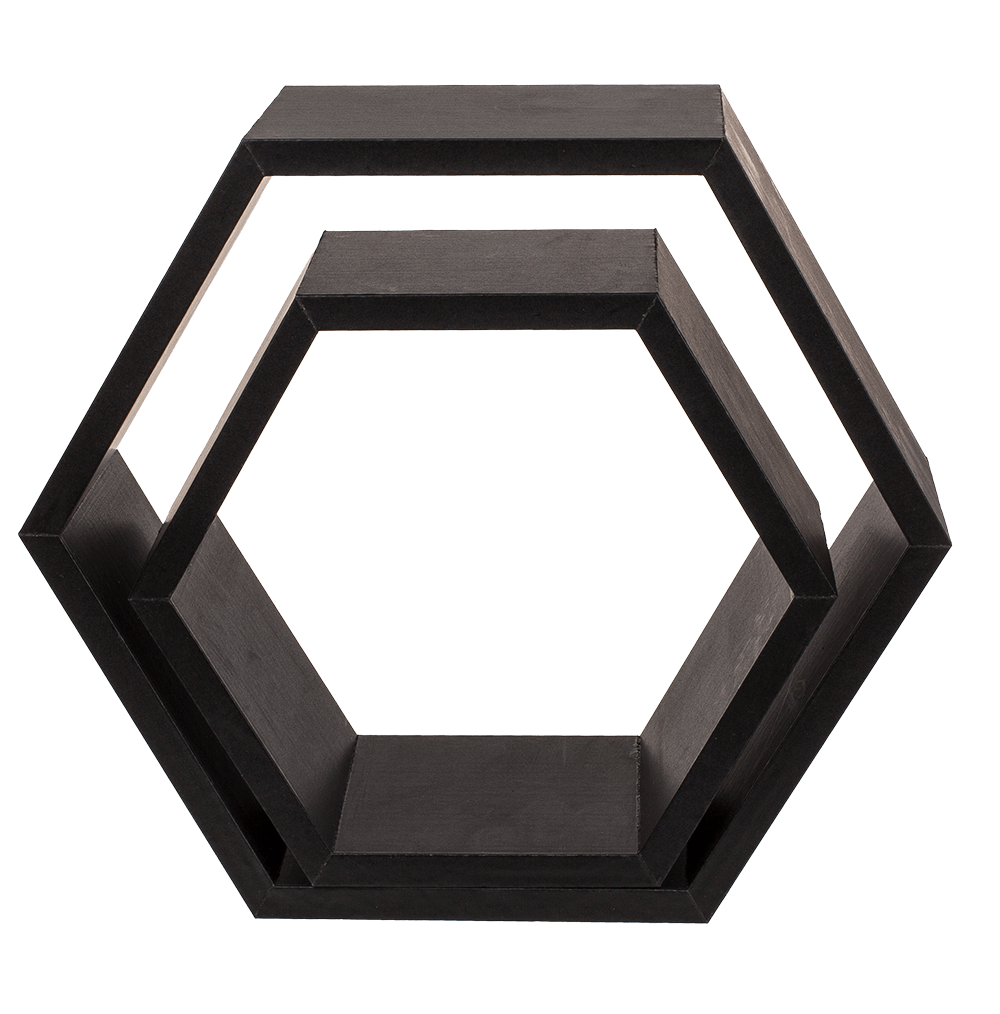 Black colored wooden wall shelf, 6 squares,