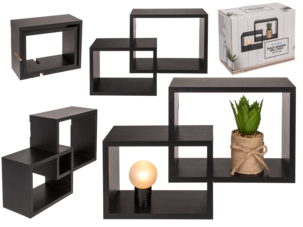 Black wooden wall shelf, Set of 2 pcs,