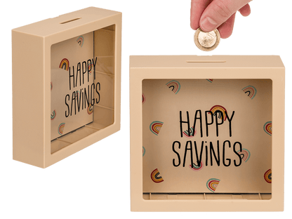 Cream coloured plastic saving box with rainbows,
