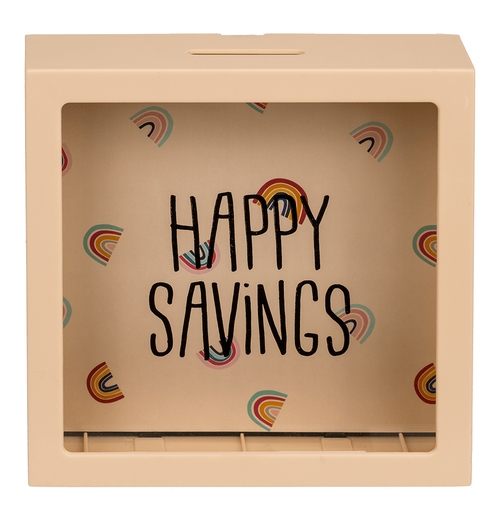 Cream coloured plastic saving box with rainbows,