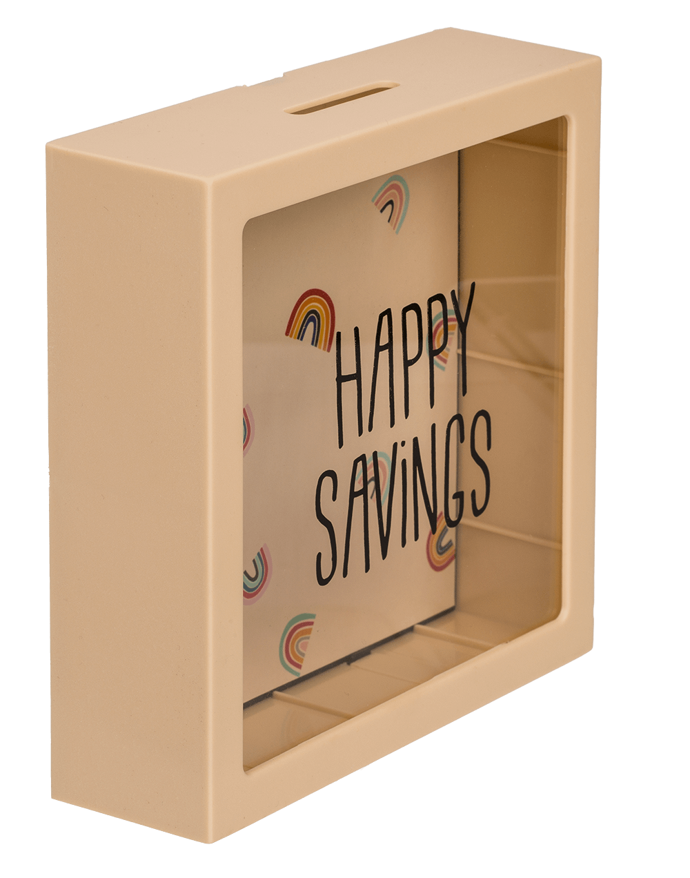 Cream coloured plastic saving box with rainbows,