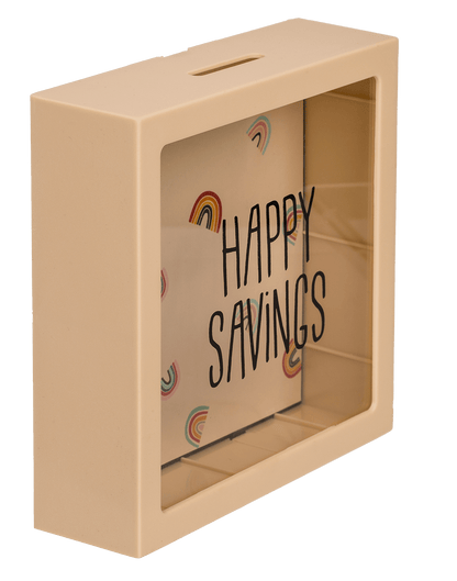 Cream coloured plastic saving box with rainbows,