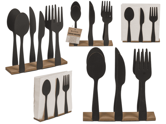 Black metal tissue holder, cutlery, with wooden