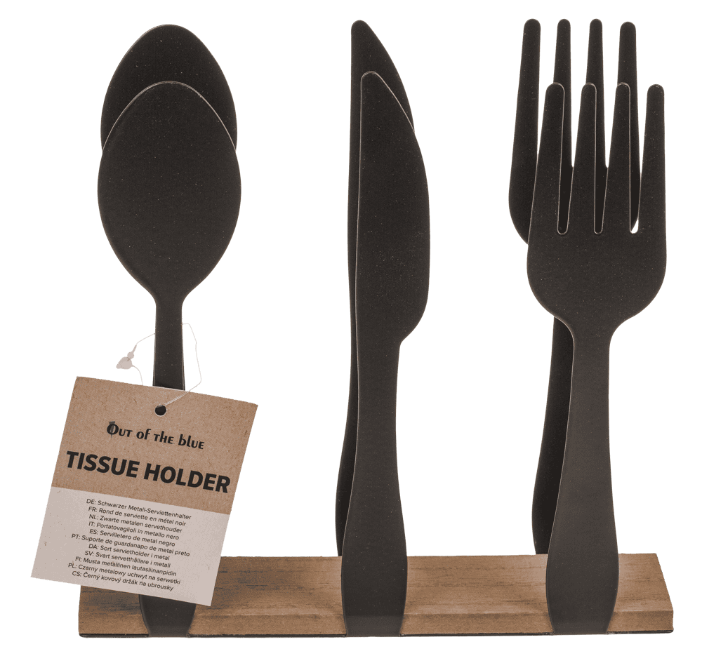 Black metal tissue holder, cutlery, with wooden