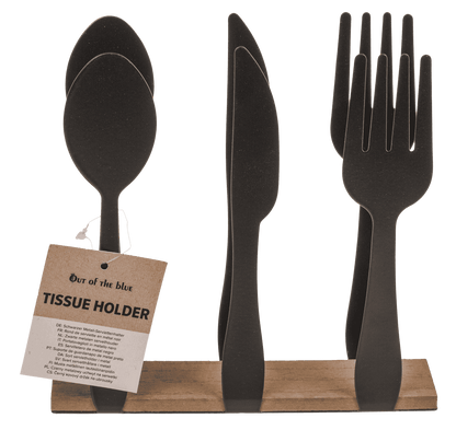Black metal tissue holder, cutlery, with wooden