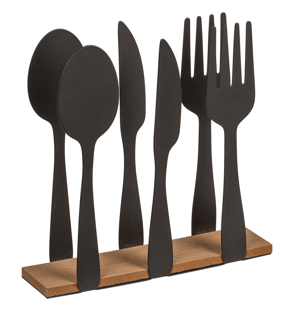 Black metal tissue holder, cutlery, with wooden