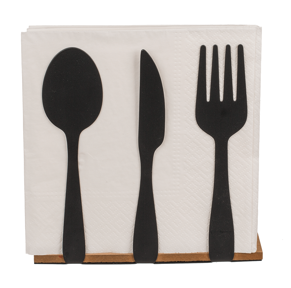 Black metal tissue holder, cutlery, with wooden