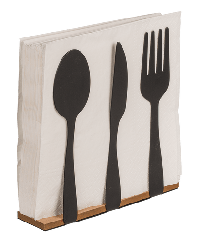 Black metal tissue holder, cutlery, with wooden