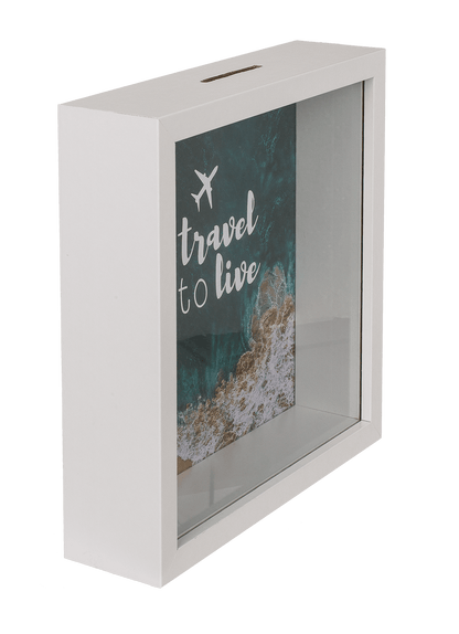 Wooden saving box, To travel is to live,