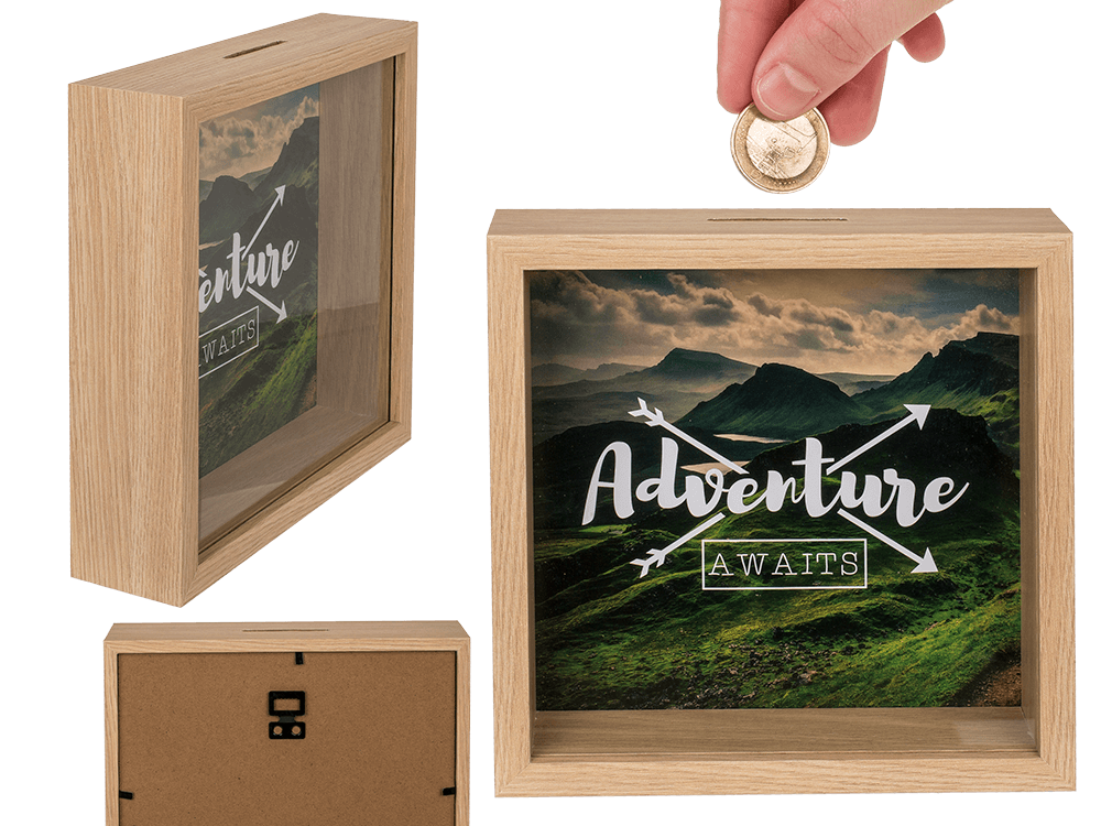Wooden saving box, Adventure awaits,