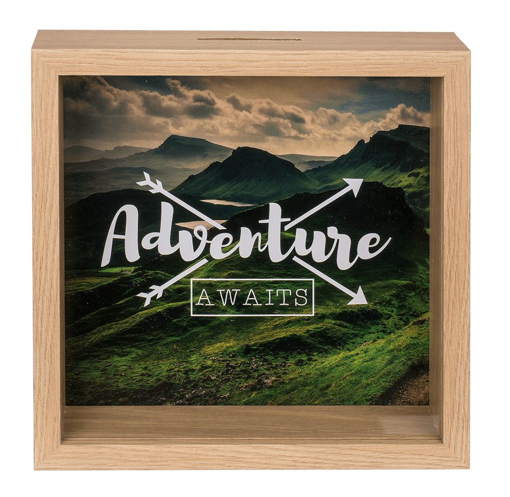 Wooden saving box, Adventure awaits,
