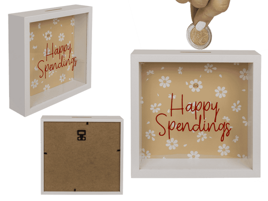 Wooden saving Bank, Happy Spendings,