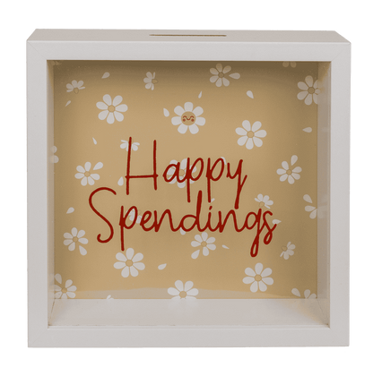 Wooden saving Bank, Happy Spendings,
