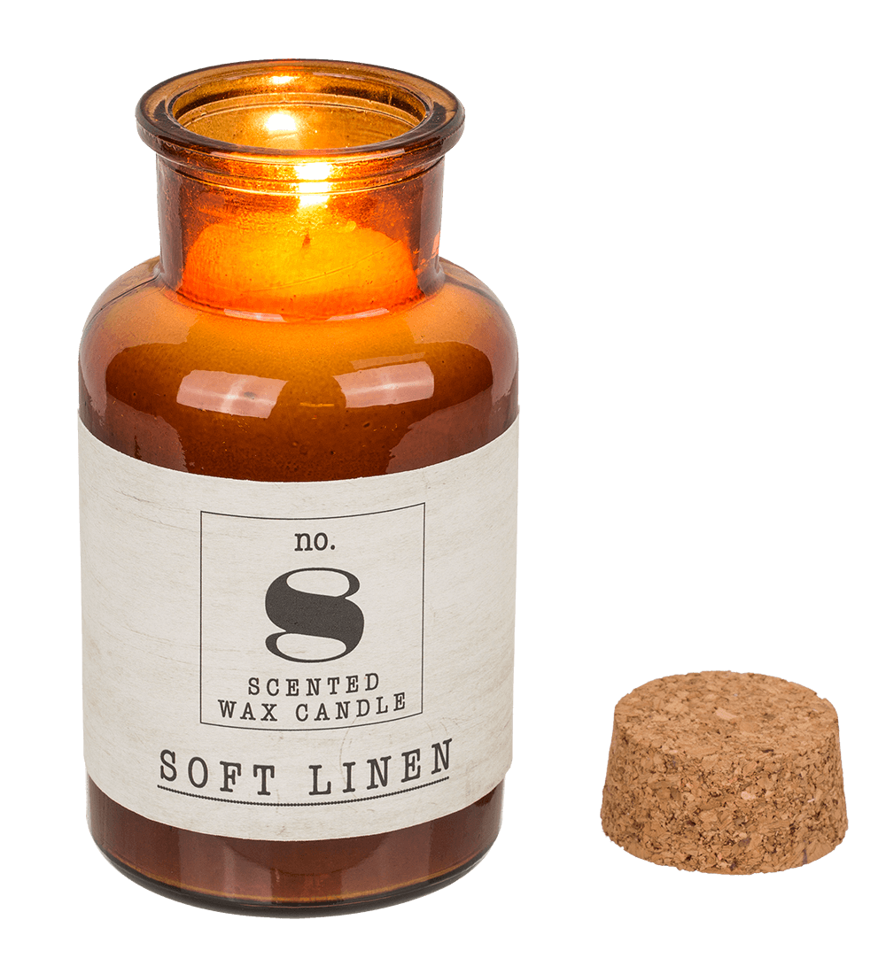 Scented candle (Soft Linen) in pharmacy glass,
