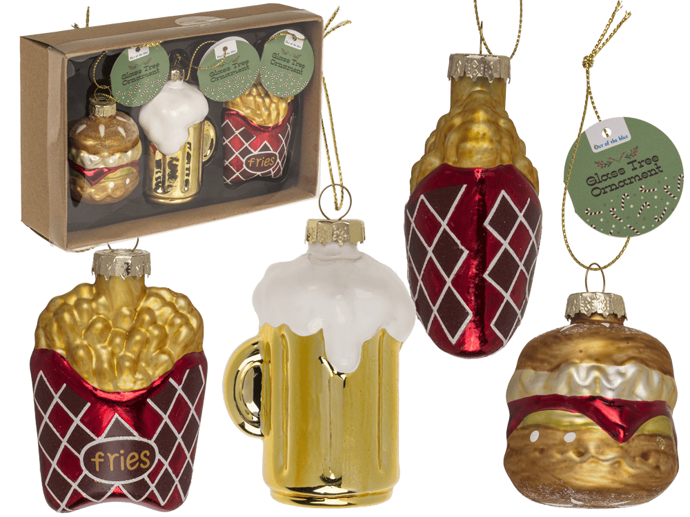 Glass tree decorations, fast food, set of 3,Burger