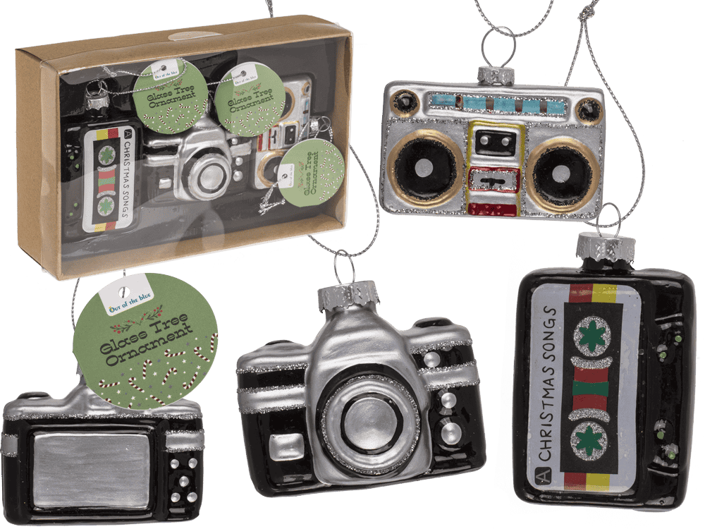 Glass tree decorations, Retro, set of 3, Cassette