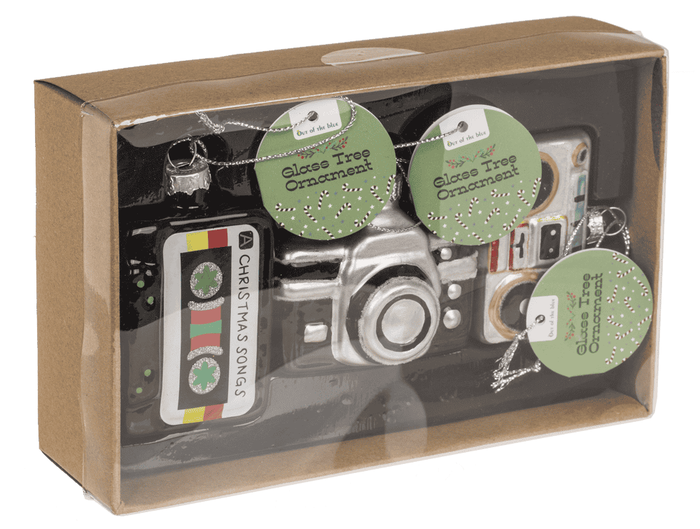 Glass tree decorations, Retro, set of 3, Cassette