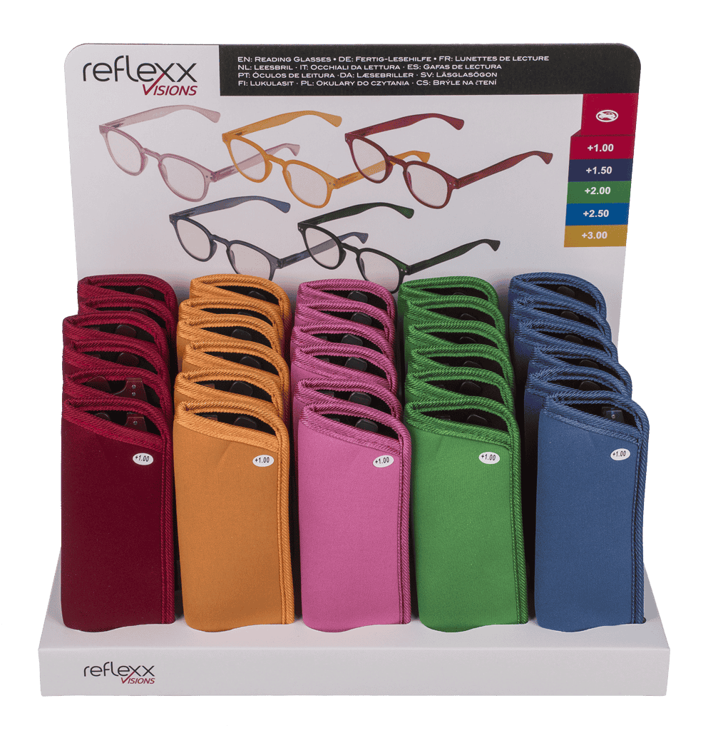 Reading glasses with plastic frame, 5 strengths,