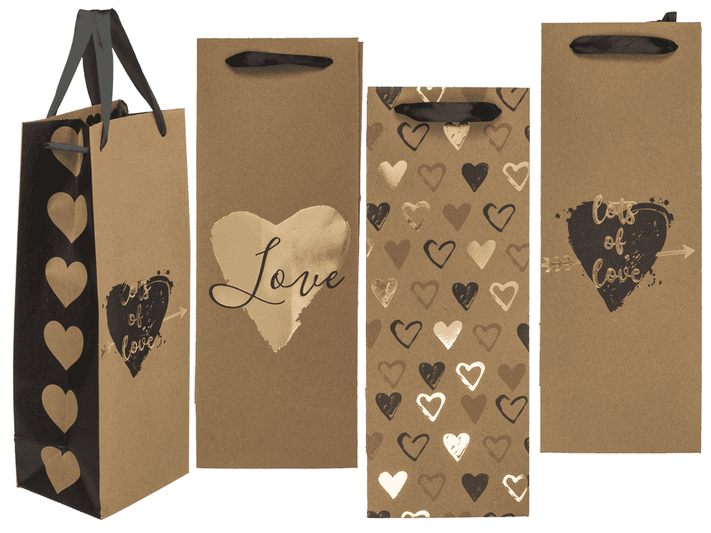 Wine bottle craft paper bag, hearts,