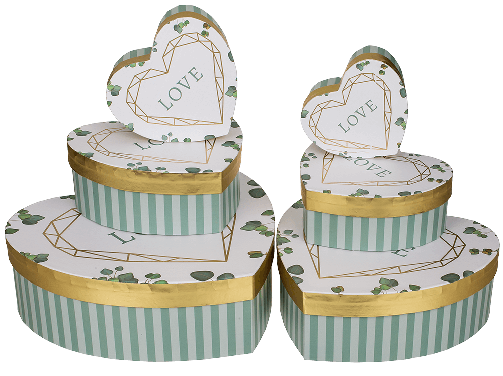 White/green colored present box in heart shape,