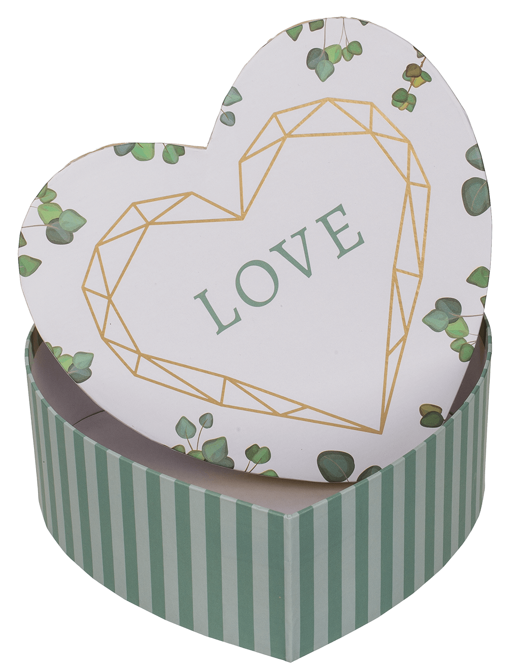 White/green colored present box in heart shape,