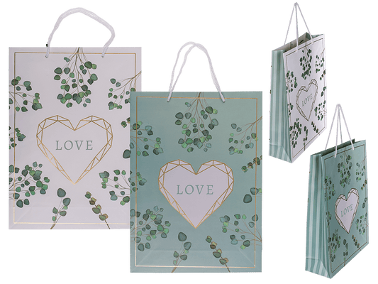 White/green colored paper gift bag, Love,