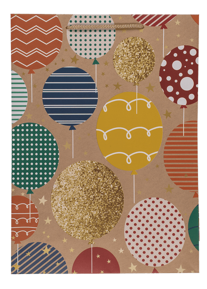 Paper gift bag, ballooons & candles,