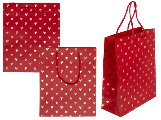 Red coloured paper gift bag, Shiny Hearts,