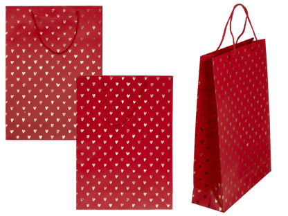 Red coloured paper gift bag, Shiny Hearts,