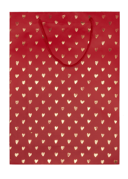 Red coloured paper gift bag, Shiny Hearts,